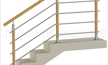 Четыре ригеля на держателях, квадратный деревянный поручень и стойки с деревянными вставками в Тюмени. Готовые проекты ПерилаГлавСнаб