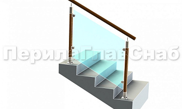 Ограждение с круглым деревянным поручнем с зажимными стеклодержателями и стойками с деревянными вставками купить в Тюмени