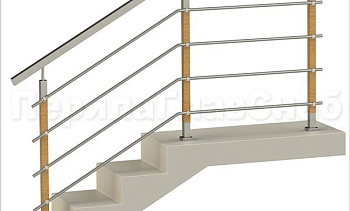 Четыре ригеля на держателях, квадратный поручень и стойки с деревянными вставками в Тюмени. Готовые проекты ПерилаГлавСнаб